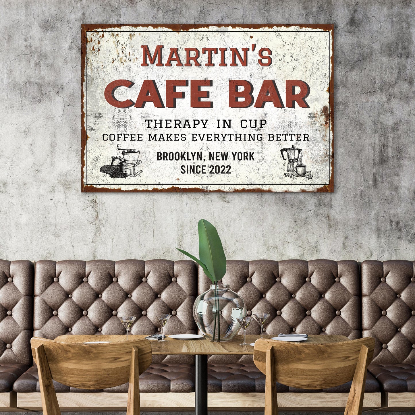 Cafe Bar Sign canvas; distressed white panel with rust frame, coffee sign on wall on Tampa Home & Garden Store