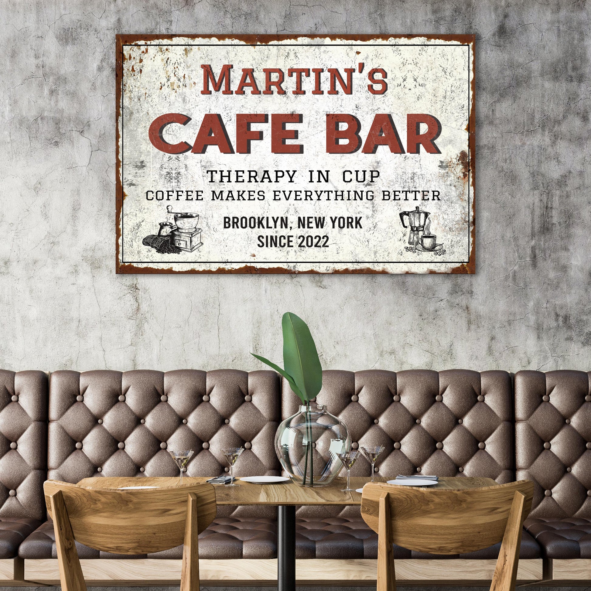 Cafe Bar Sign canvas; distressed white panel with rust frame, coffee sign on wall on Tampa Home & Garden Store