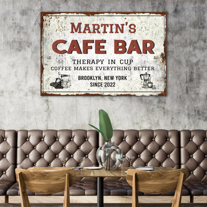 Cafe Bar Sign canvas; distressed white panel with rust frame, coffee sign on wall on Tampa Home & Garden Store