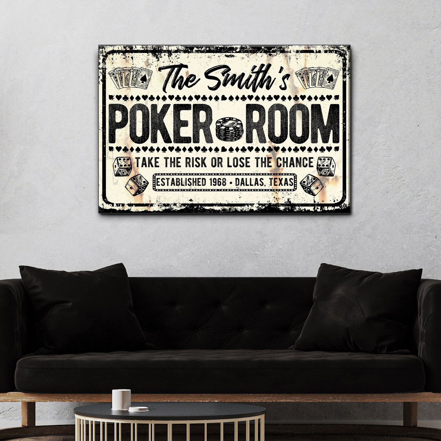 Take The Risk Poker Room Sign canvas by Tailored Canvases, distressed vintage wall art on Tampa Home & Garden Store