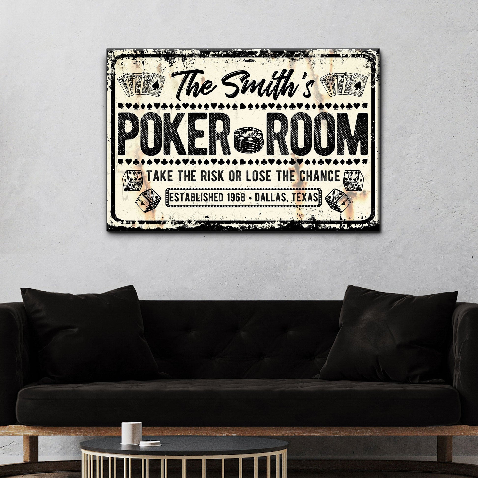Take The Risk Poker Room Sign canvas by Tailored Canvases, distressed vintage wall art on Tampa Home & Garden Store