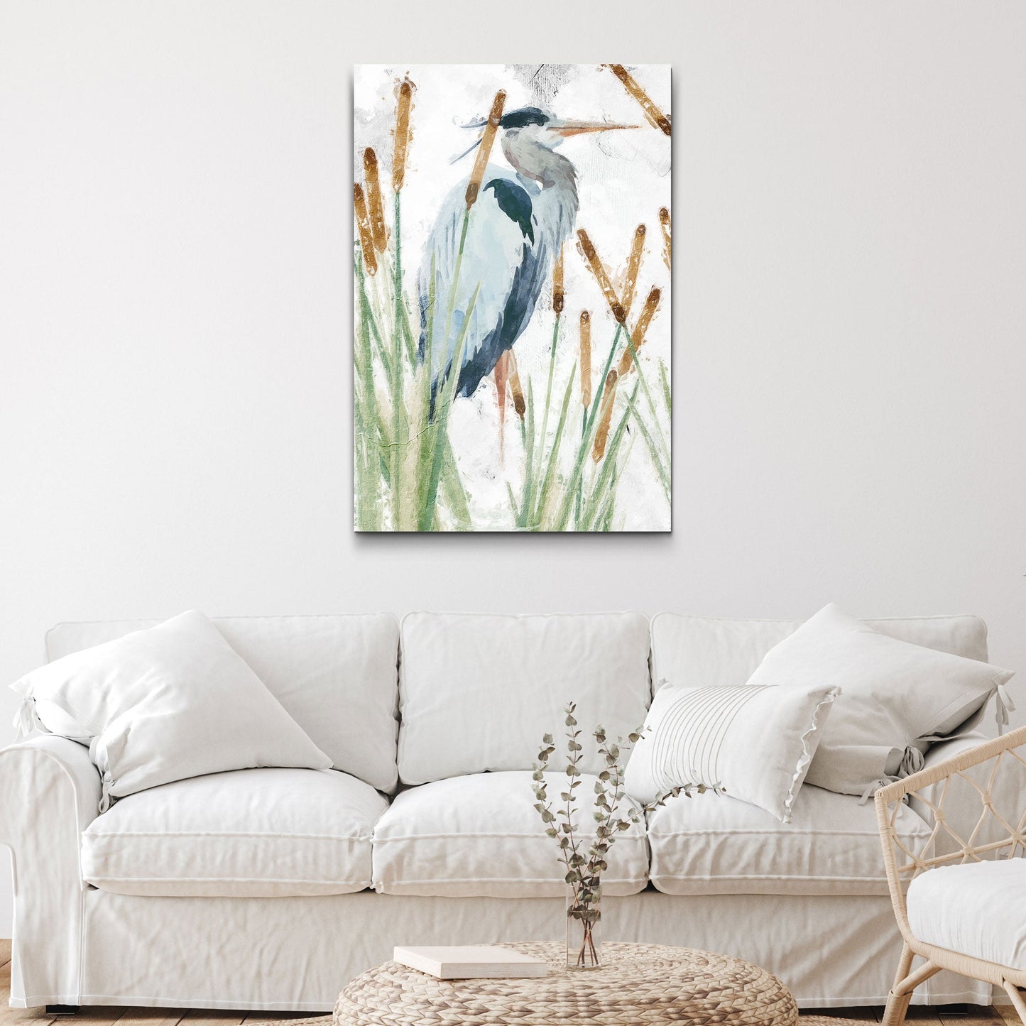 Heron In The Reeds Canvas Wall Art II by Tailored Canvases, blue-gray heron among reeds on Tampa Home & Garden Store