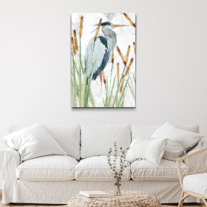 Heron In The Reeds Canvas Wall Art II by Tailored Canvases, blue-gray heron among reeds on Tampa Home & Garden Store
