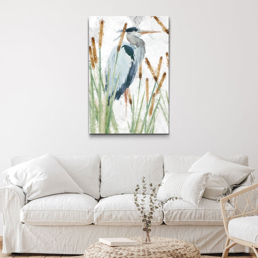 Heron In The Reeds Canvas Wall Art II by Tailored Canvases, blue-gray heron among reeds on Tampa Home & Garden Store