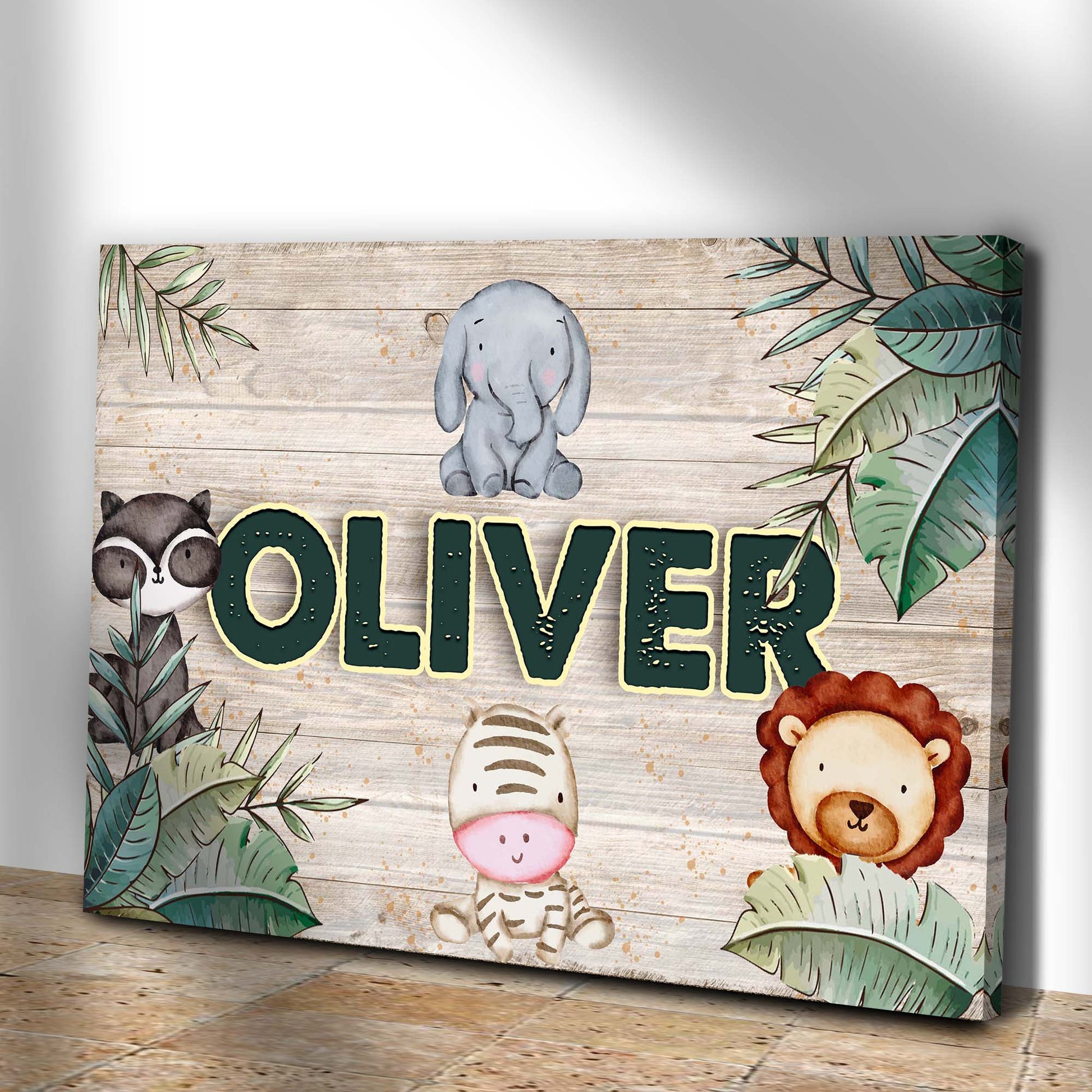 Safari Kids Room Sign canvas by Tailored Canvases with wood grain backdrop and elephant on Tampa Home & Garden Store