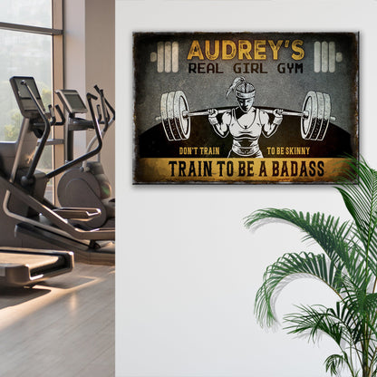 Real Girl Gym Sign canvas crafting decor by Tailored Canvases with rustic dark background and weightlifter illustration on Tampa Home & Garden Store