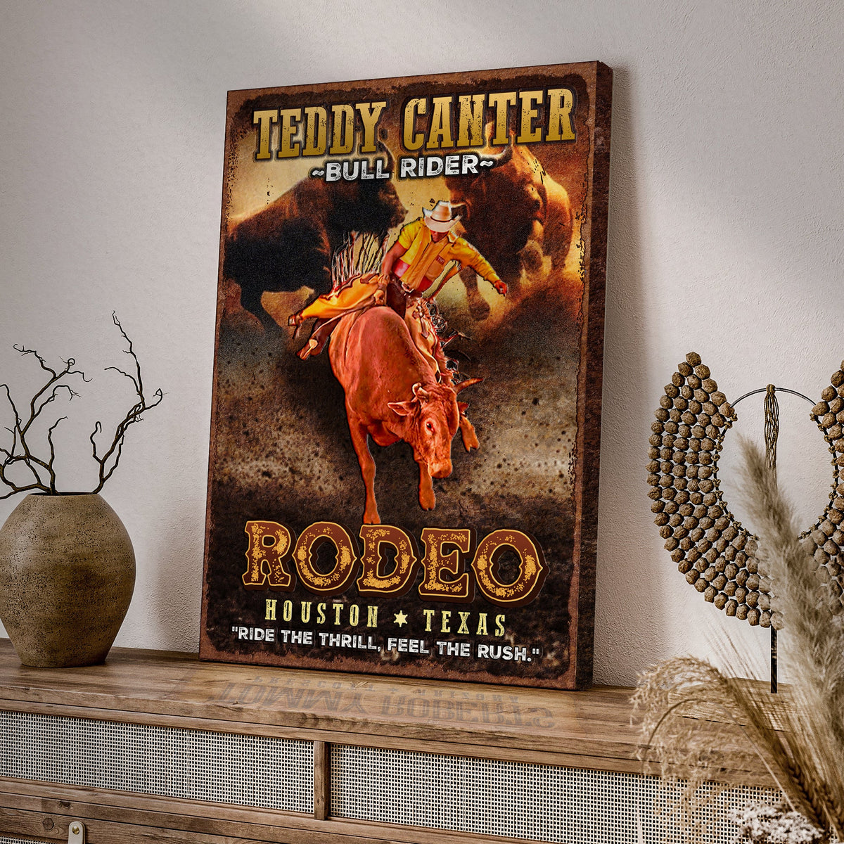 Cowboy rodeo bull rider canvas by Tailored Canvases in vintage distressed brown tones on Tampa Home & Garden Store