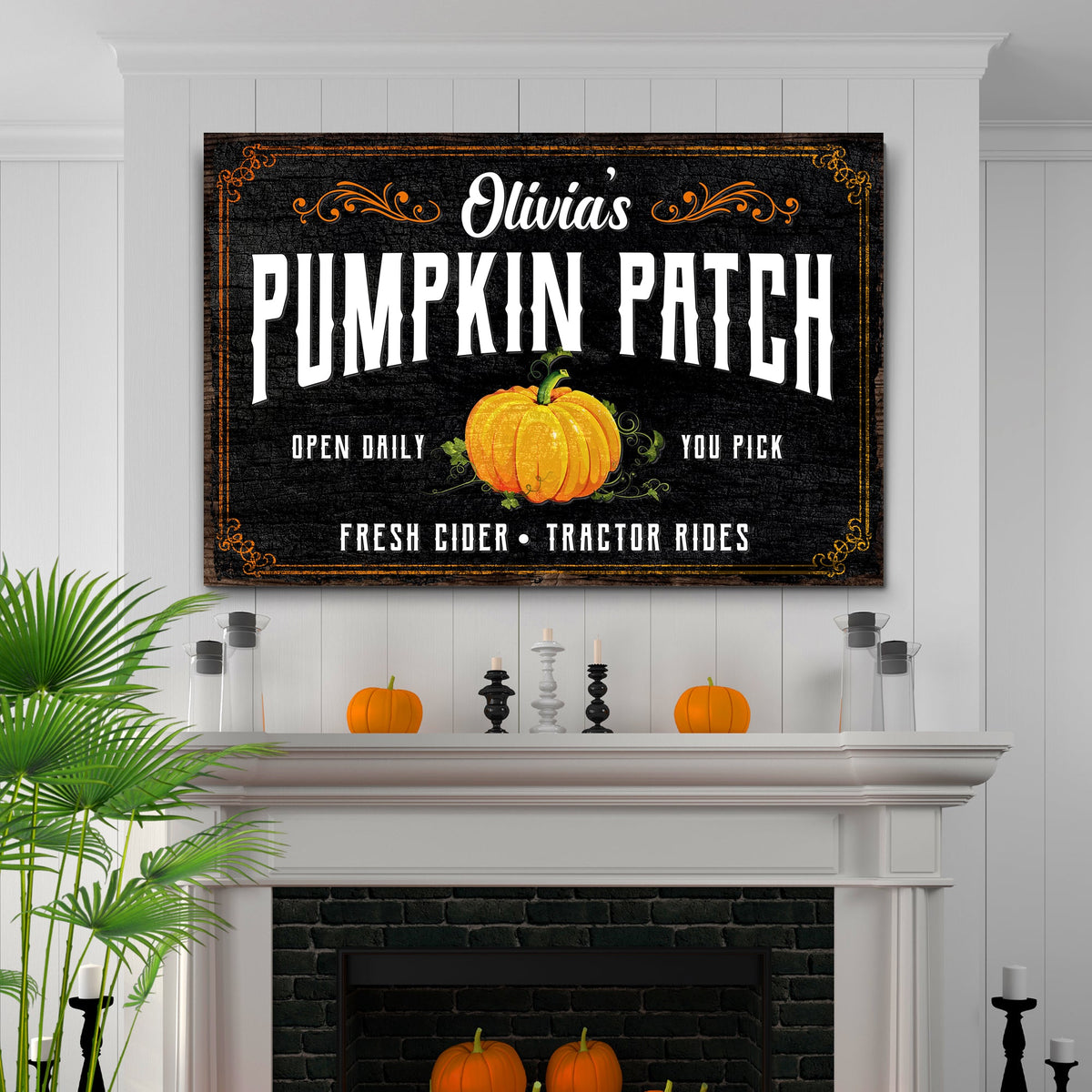Pumpkin Patch Sign IV canvas by Tailored Canvases with black chalkboard background with Olivia's text on Tampa Home & Garden Store