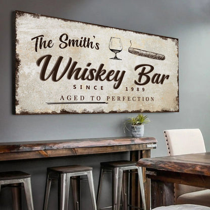 Whiskey Bar Sign canvas by Tailored Canvases, rustic vintage wall art with whiskey glass graphic on Tampa Home & Garden Store