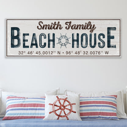Family Beach House Canvas sign by Tailored Canvases with distressed wood planks and ship wheel on Tampa Home & Garden Store