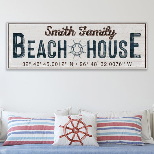 Family Beach House Canvas sign by Tailored Canvases with distressed wood planks and ship wheel on Tampa Home & Garden Store
