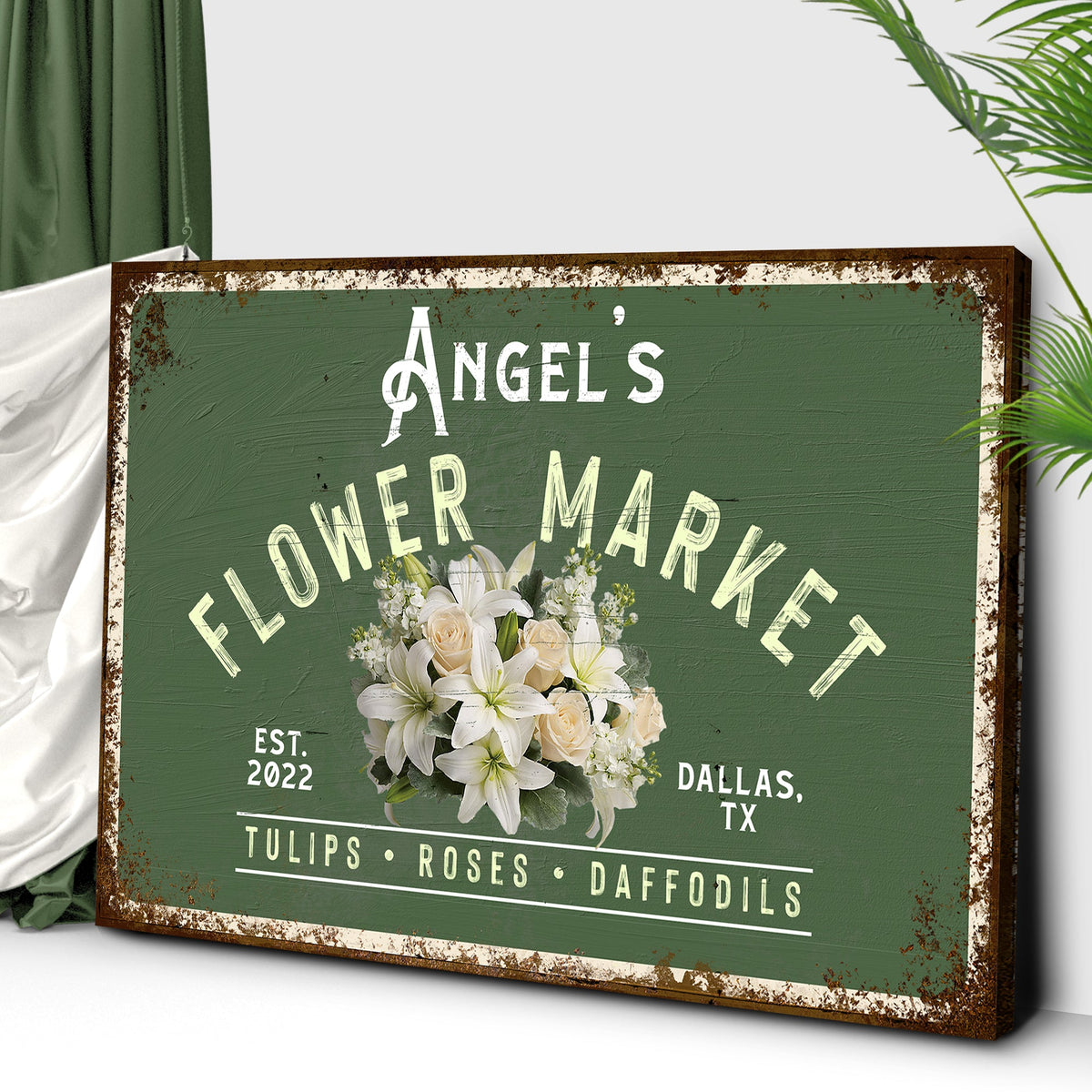 Flower Shop Sign II canvas by Tailored Canvases, green chalkboard with white lettering on Tampa Home & Garden Store
