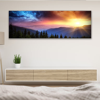 Purple And Sunrise Canvas Wall Art by Tailored Canvases; sunset over mountains with pine trees on Tampa Home & Garden Store