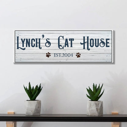 Canvas Cat House Sign by Tailored Canvases on weathered white wood with navy lettering EST.2004 on Tampa Home & Garden Store