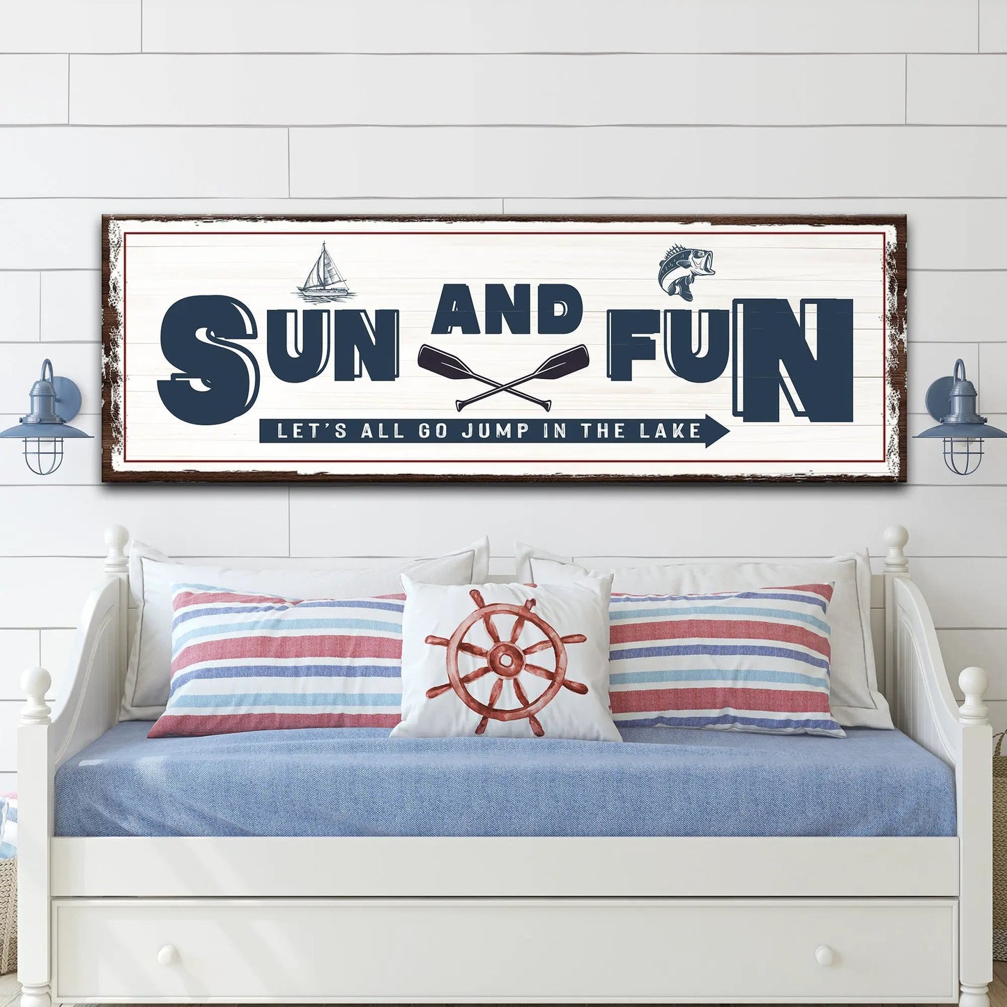 Sun And Fun Sign canvas wall art with whitewashed background, navy lettering, sailboat and oars on Tampa Home & Garden Store