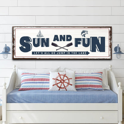 Sun And Fun Sign canvas wall art with whitewashed background, navy lettering, sailboat and oars on Tampa Home & Garden Store