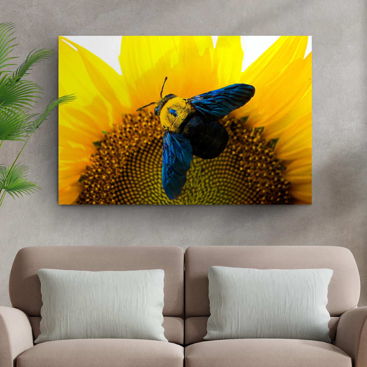 Bee Hoverfly Above A Sunflower Canvas Wall Art by Tailored Canvases, crafting canvas on Tampa Home & Garden Store