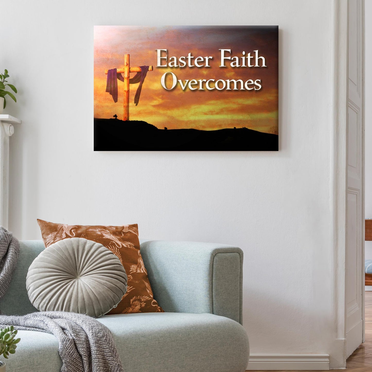 Easter Faith Overcomes canvas by Tailored Canvases with cross and purple cloth at sunset on Tampa Home & Garden Store