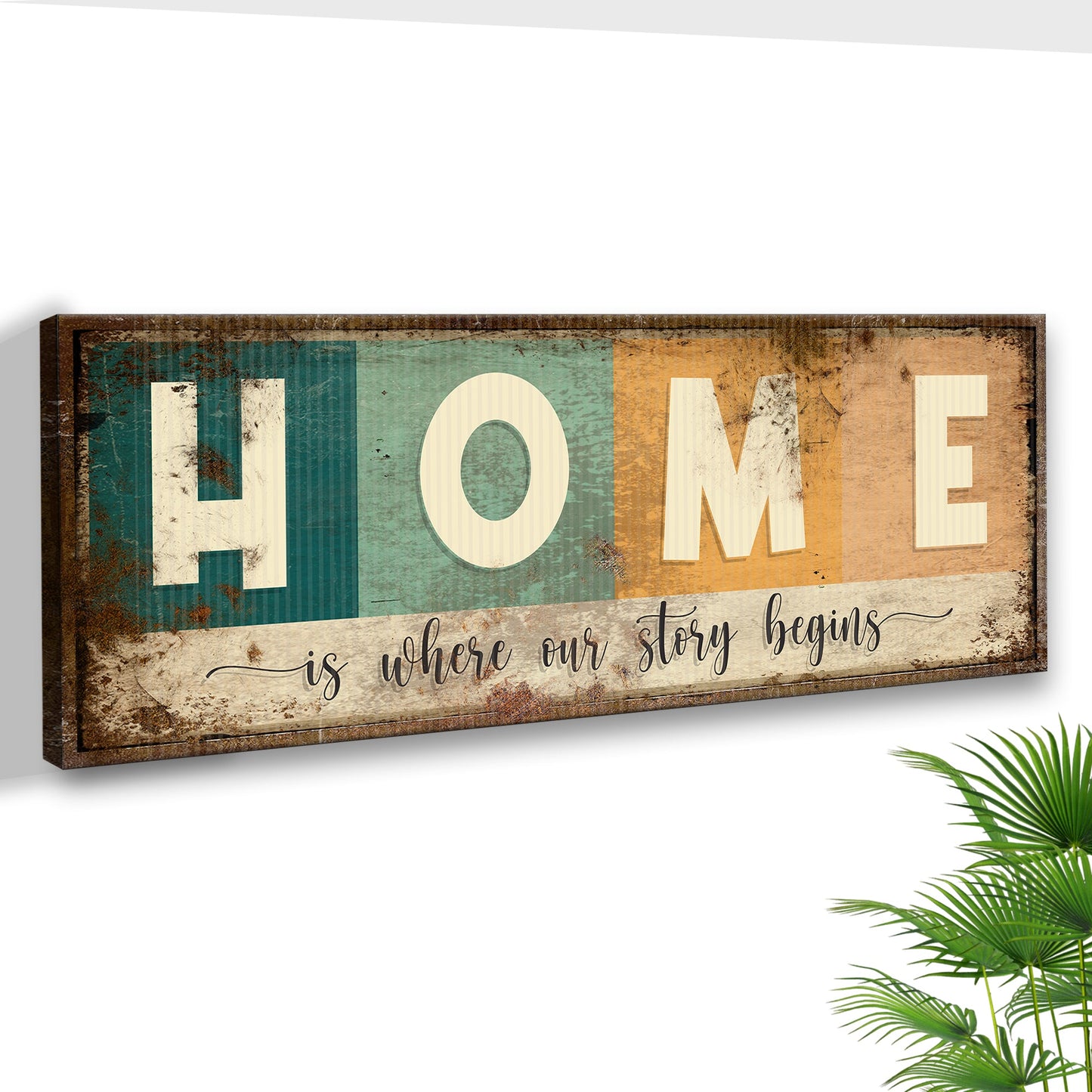 Home Is Where Our Story Begins sign canvas in wood frame with teal Tailored Canvases on Tampa Home & Garden Store