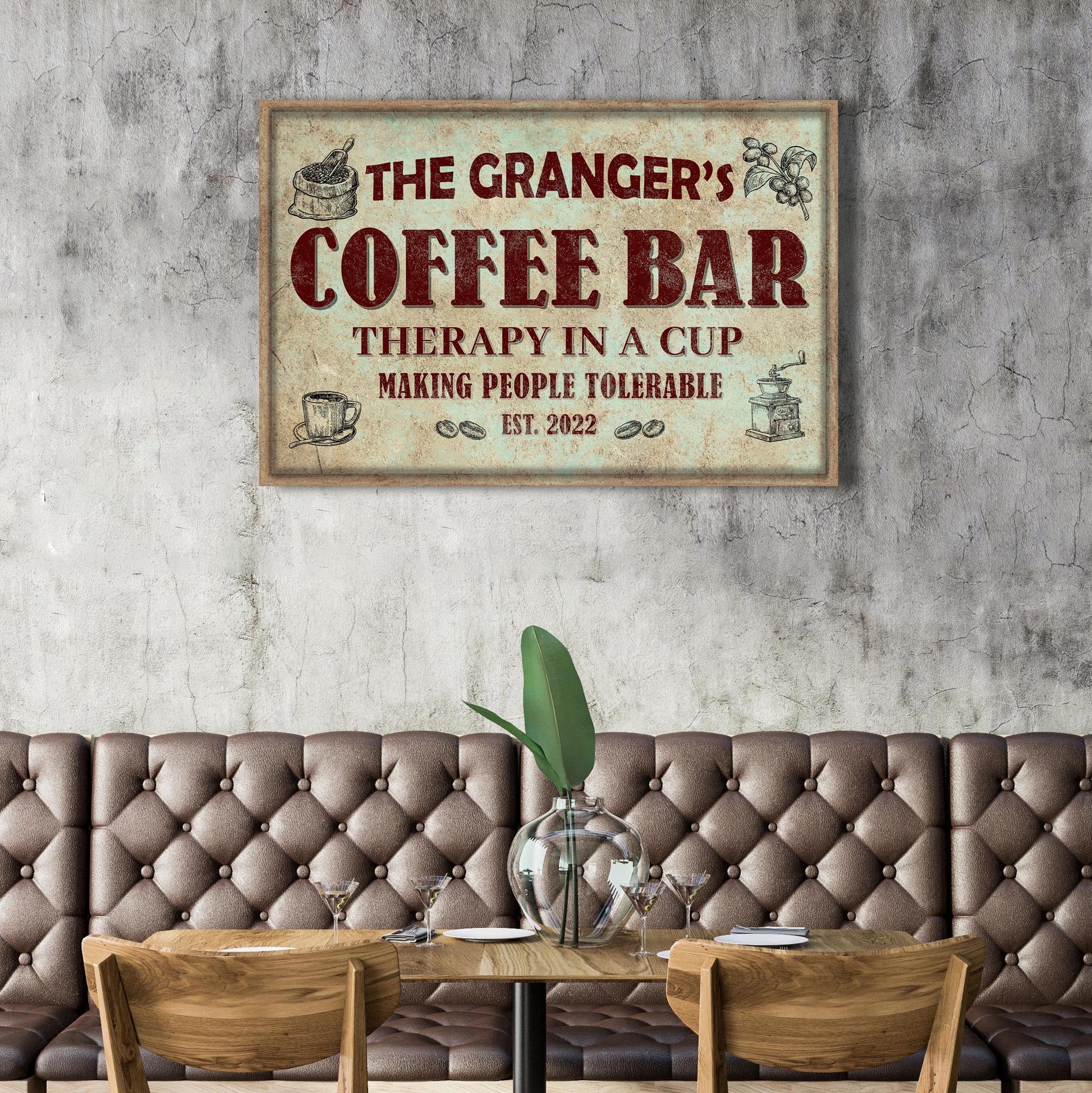 Coffee Bar Therapy In A Cup Sign canvas by Tailored Canvases, rustic beige with bold red lettering, framed wall art on Tampa Home & Garden Store