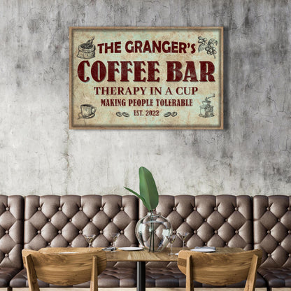 Coffee Bar Therapy In A Cup Sign canvas by Tailored Canvases, rustic beige with bold red lettering, framed wall art on Tampa Home & Garden Store