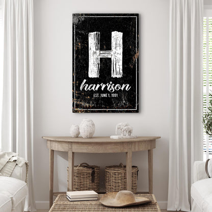 Family Name Portrait Sign canvas with white H on distressed black background and harrison on Tampa Home & Garden Store