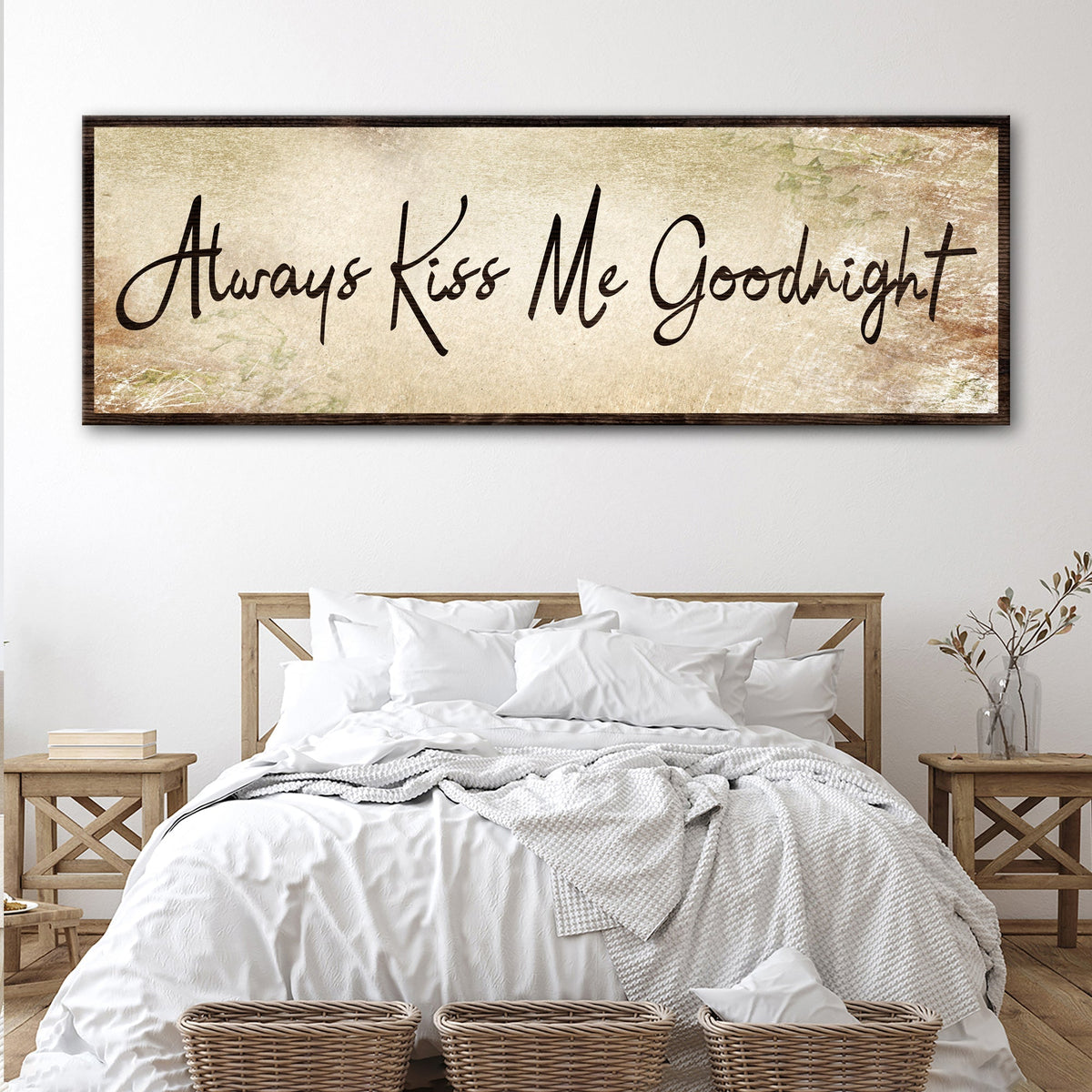 Always Kiss Me Goodnight Sign VI canvas with beige texture and dark frame Tailored Canvases on Tampa Home & Garden Store