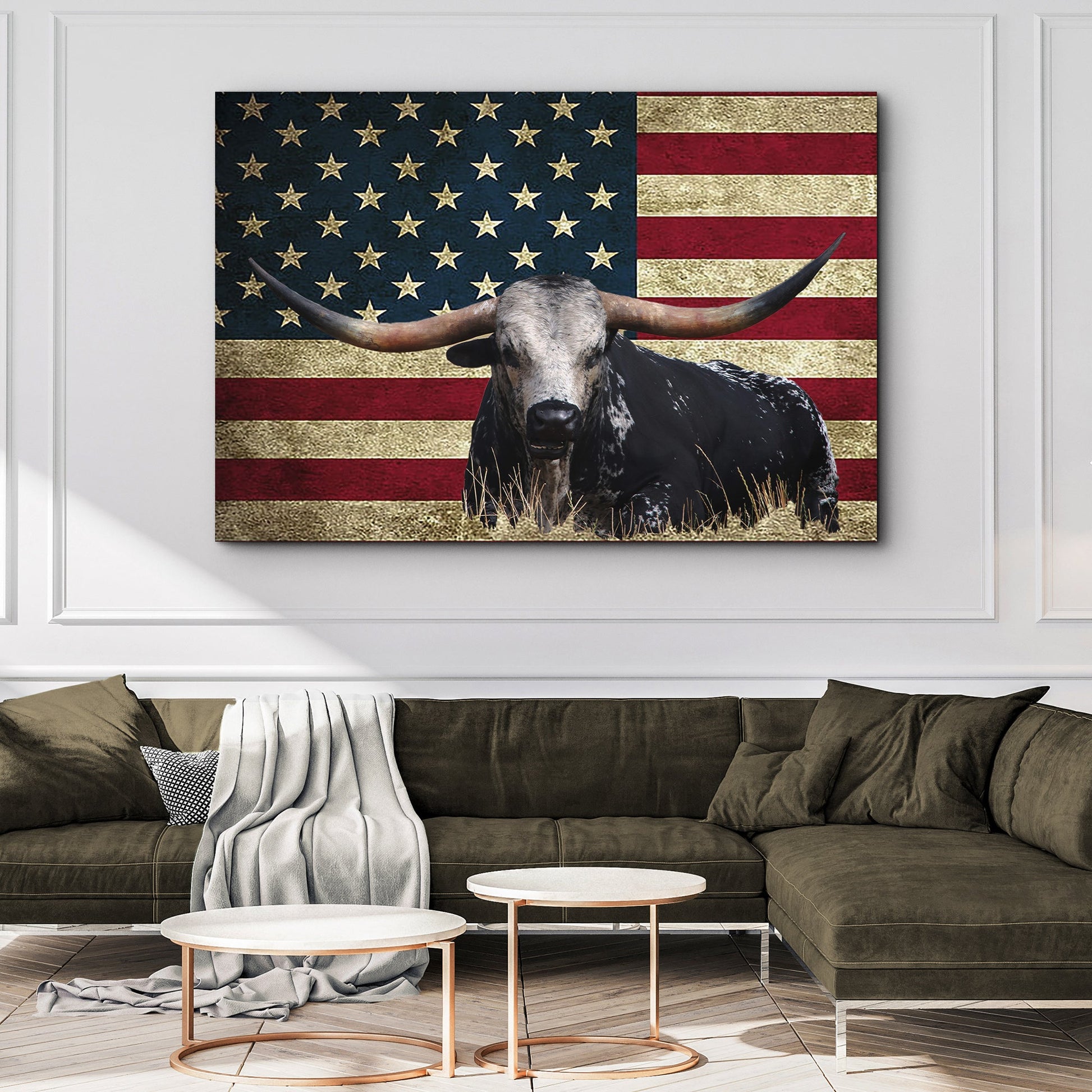 Longhorn cattle canvas wall art with distressed American flag backdrop on Tampa Home & Garden Store