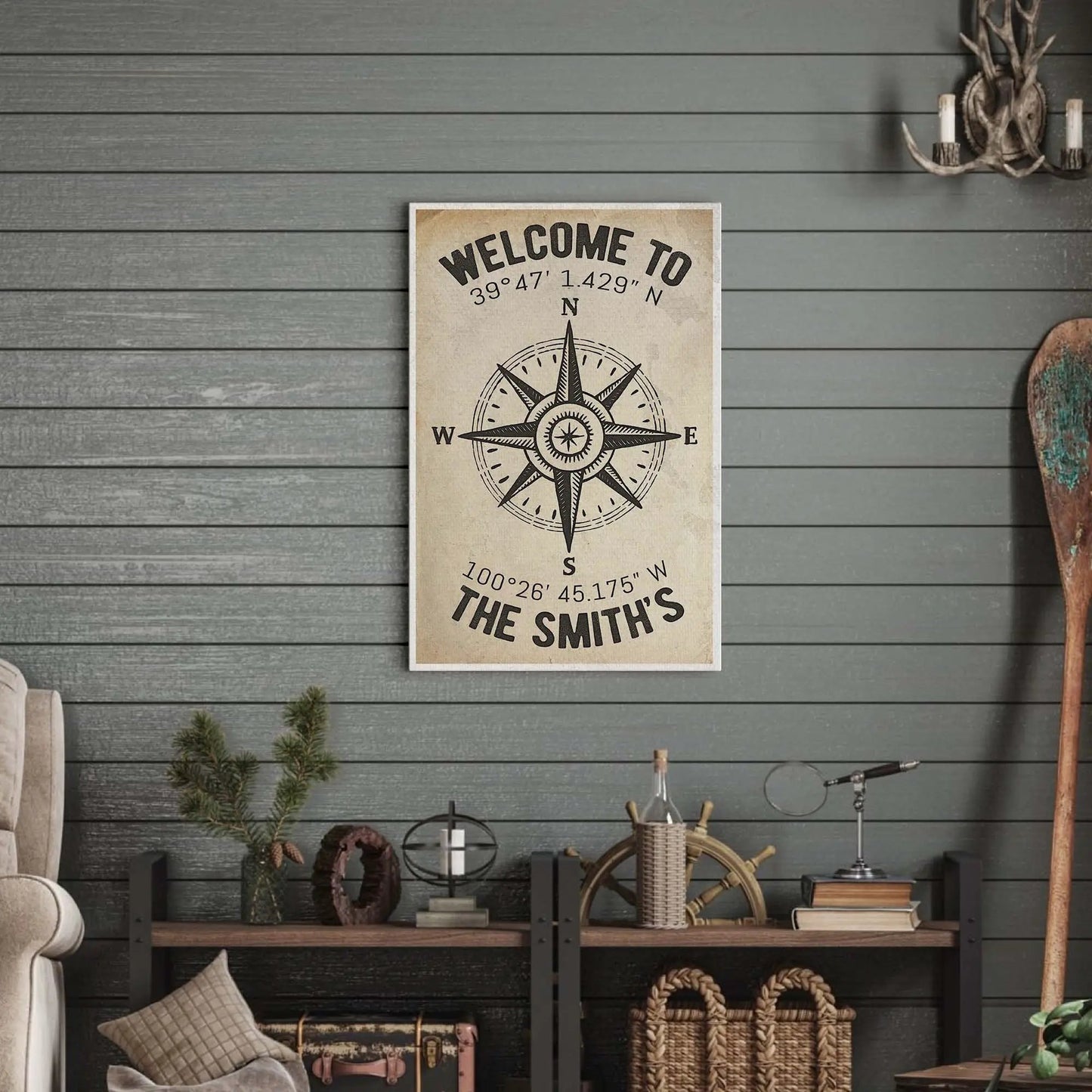 Canvas Welcome To Family Home Coordinates Sign by Tailored Canvases with compass motif on Tampa Home & Garden Store