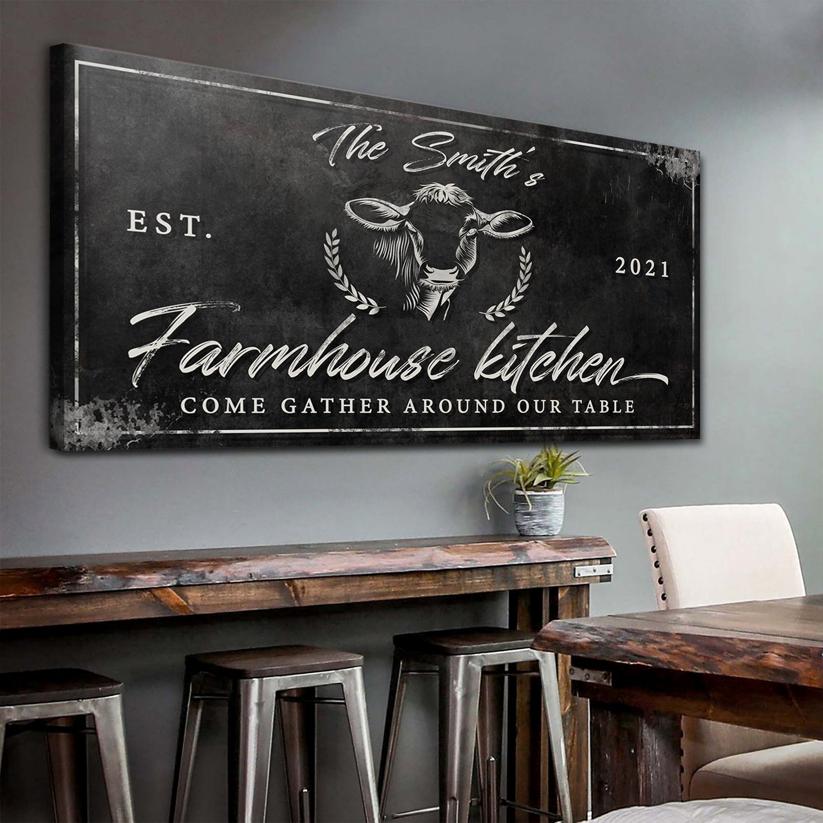 Farmhouse Kitchen Sign canvas by Tailored Canvases; rustic black art with cow motif on Tampa Home & Garden Store