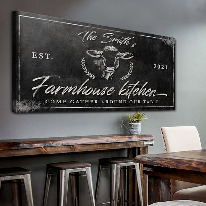 Farmhouse Kitchen Sign canvas by Tailored Canvases; rustic black art with cow motif on Tampa Home & Garden Store