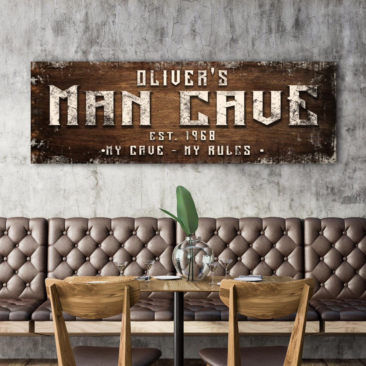 Canvas sign Man Cave My Cave My Rules on rustic wood with white lettering Tailored Canvases on Tampa Home & Garden Store