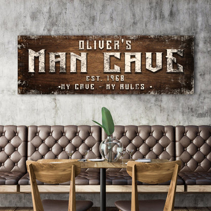 Canvas sign Man Cave My Cave My Rules on rustic wood with white lettering Tailored Canvases on Tampa Home & Garden Store