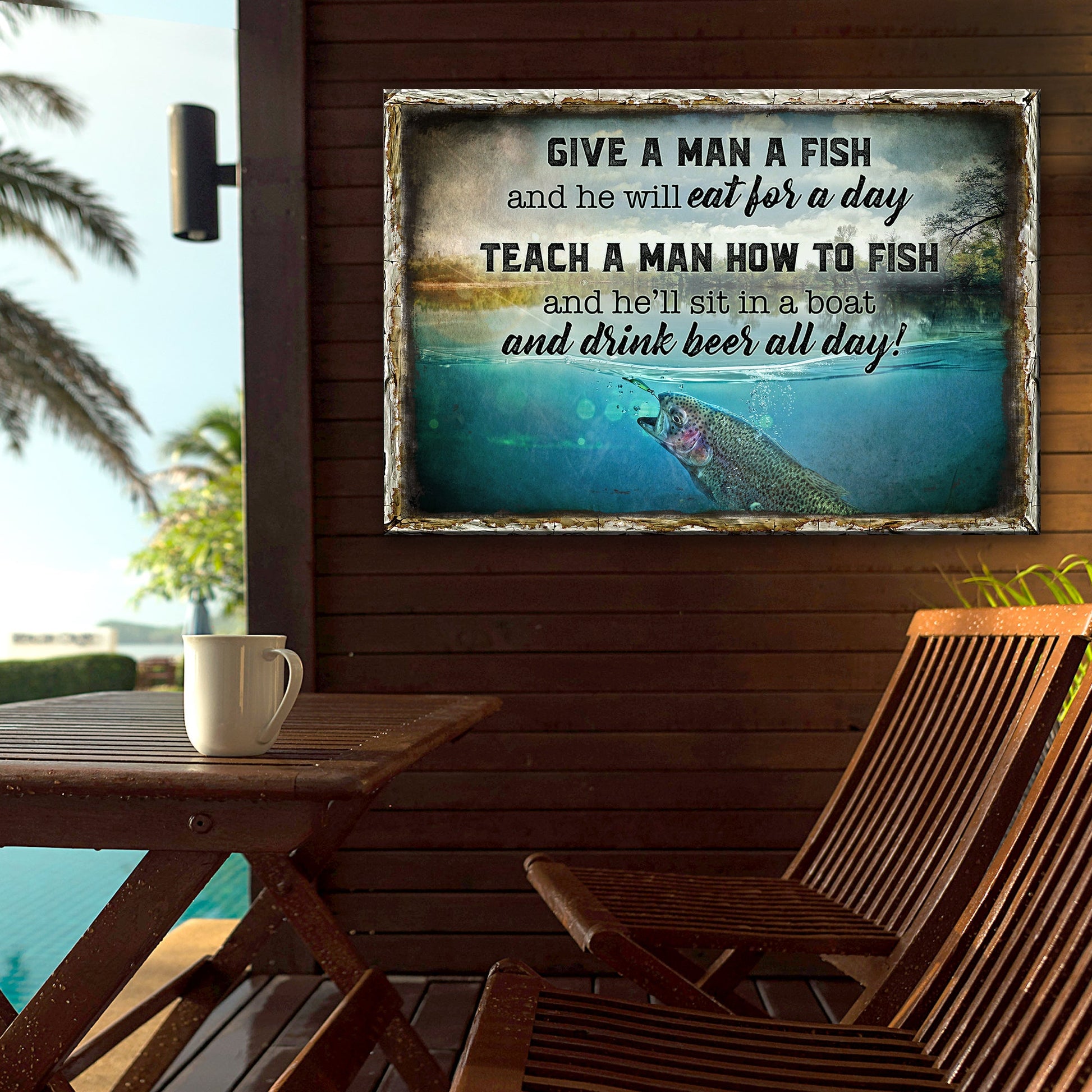 Canvas sign Teach A Man How To Fish by Tailored Canvases with rustic frame and fishing scene on Tampa Home & Garden Store