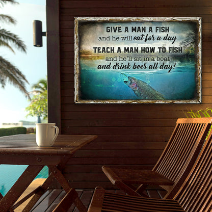 Canvas sign Teach A Man How To Fish by Tailored Canvases with rustic frame and fishing scene on Tampa Home & Garden Store