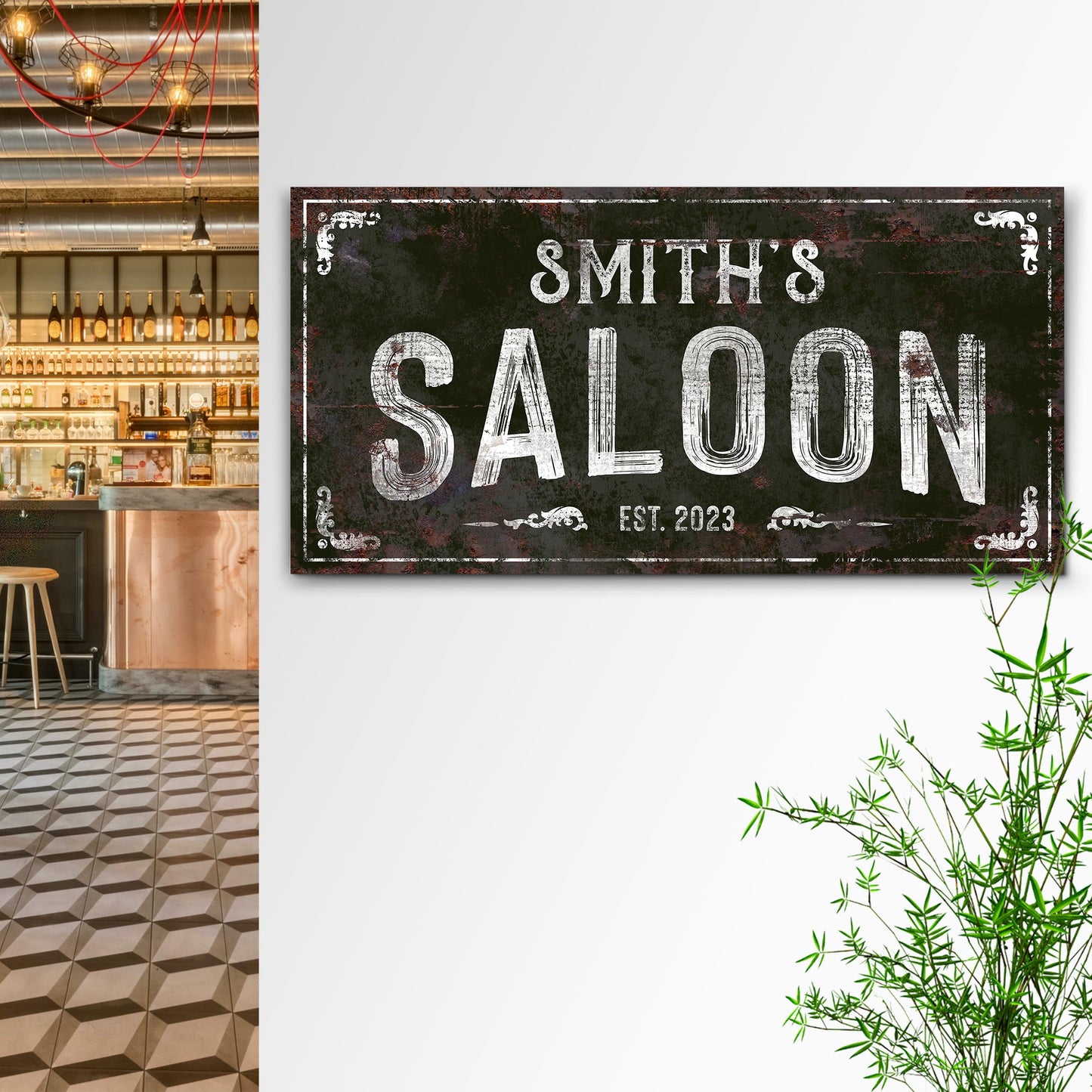 Family Saloon Vintage Sign canvas by Tailored Canvases with distressed black and white text on Tampa Home & Garden Store