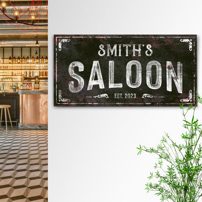 Family Saloon Vintage Sign canvas by Tailored Canvases with distressed black and white text on Tampa Home & Garden Store