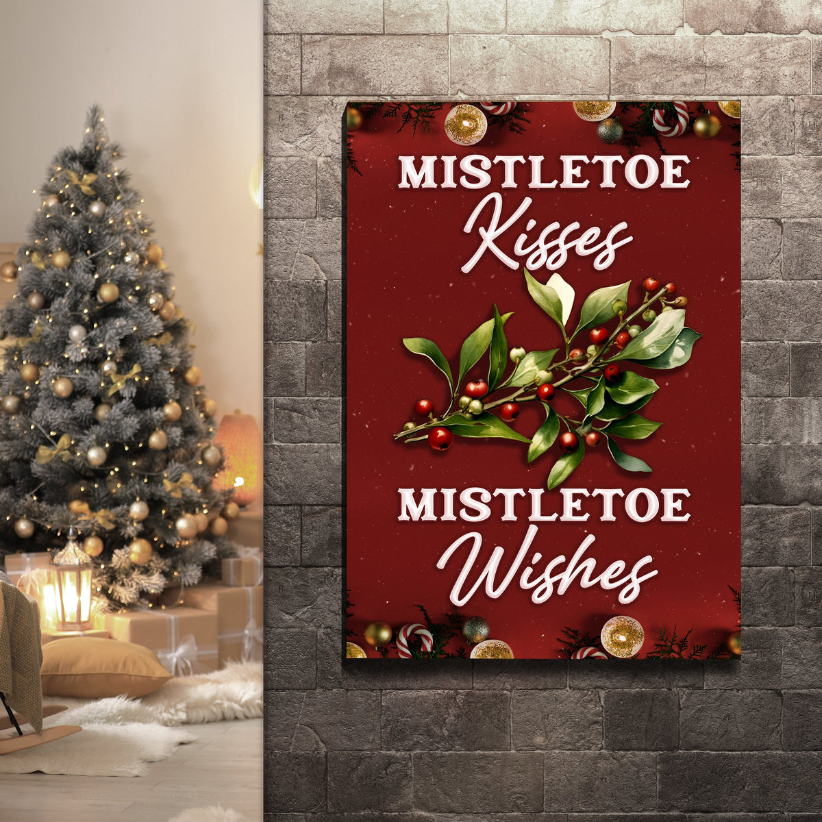 Kisses And Wishes Mistletoe Sign canvas with red background, holly berries on a brick fireplace on Tampa Home & Garden Store