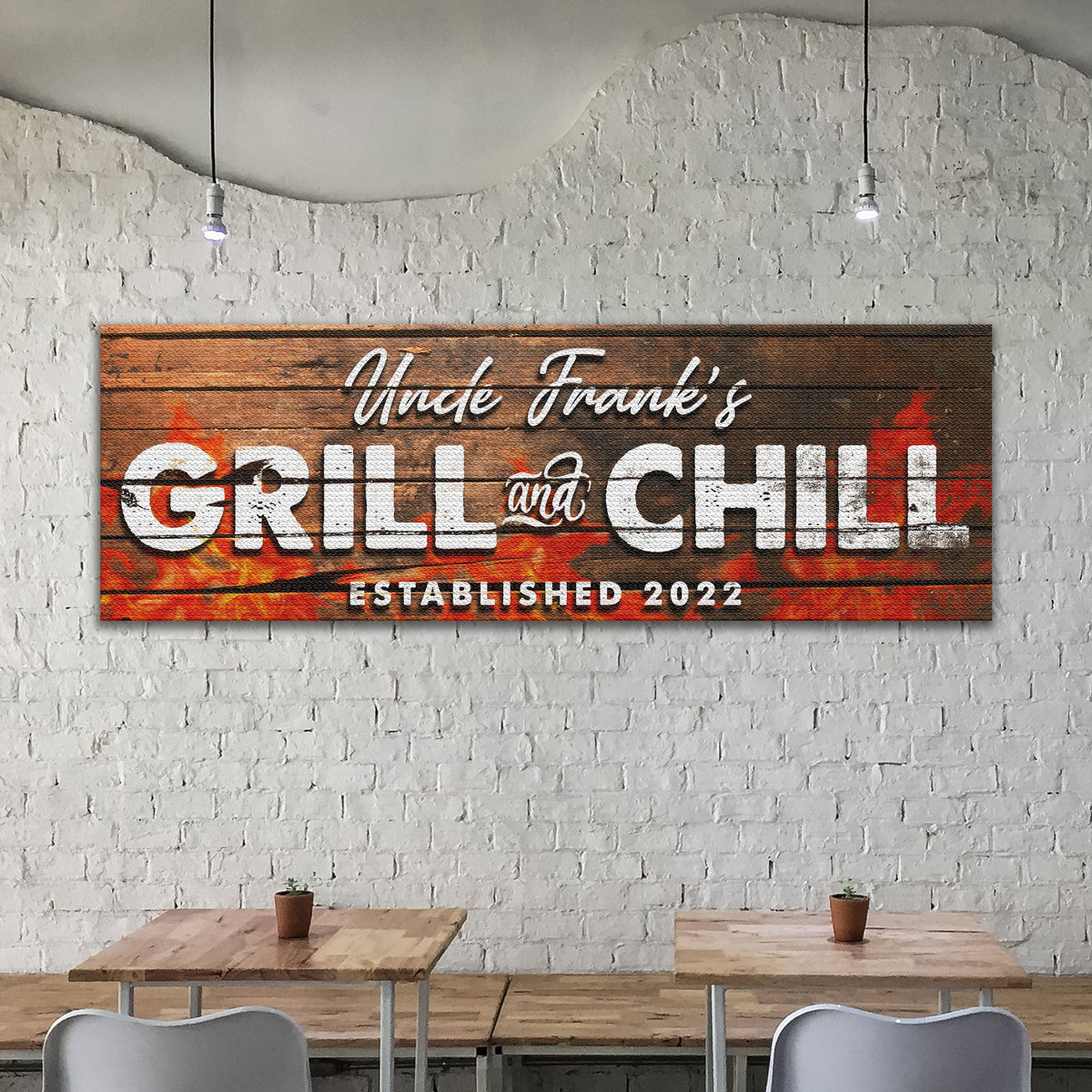 Grill And Chill Sign II canvas by Tailored Canvases with wood panel and white lettering on Tampa Home & Garden Store