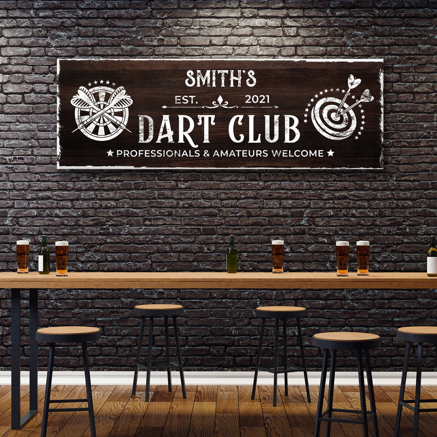 Dart Club Sign II canvas by Tailored Canvases, dark wood with typography and dartboard art on Tampa Home & Garden Store