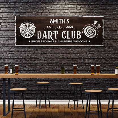 Dart Club Sign II canvas by Tailored Canvases, dark wood with typography and dartboard art on Tampa Home & Garden Store