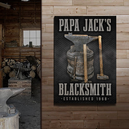 Blacksmith Sign canvas by Tailored Canvases with diamond-plate panel and bold PAPA JACK'S on Tampa Home & Garden Store