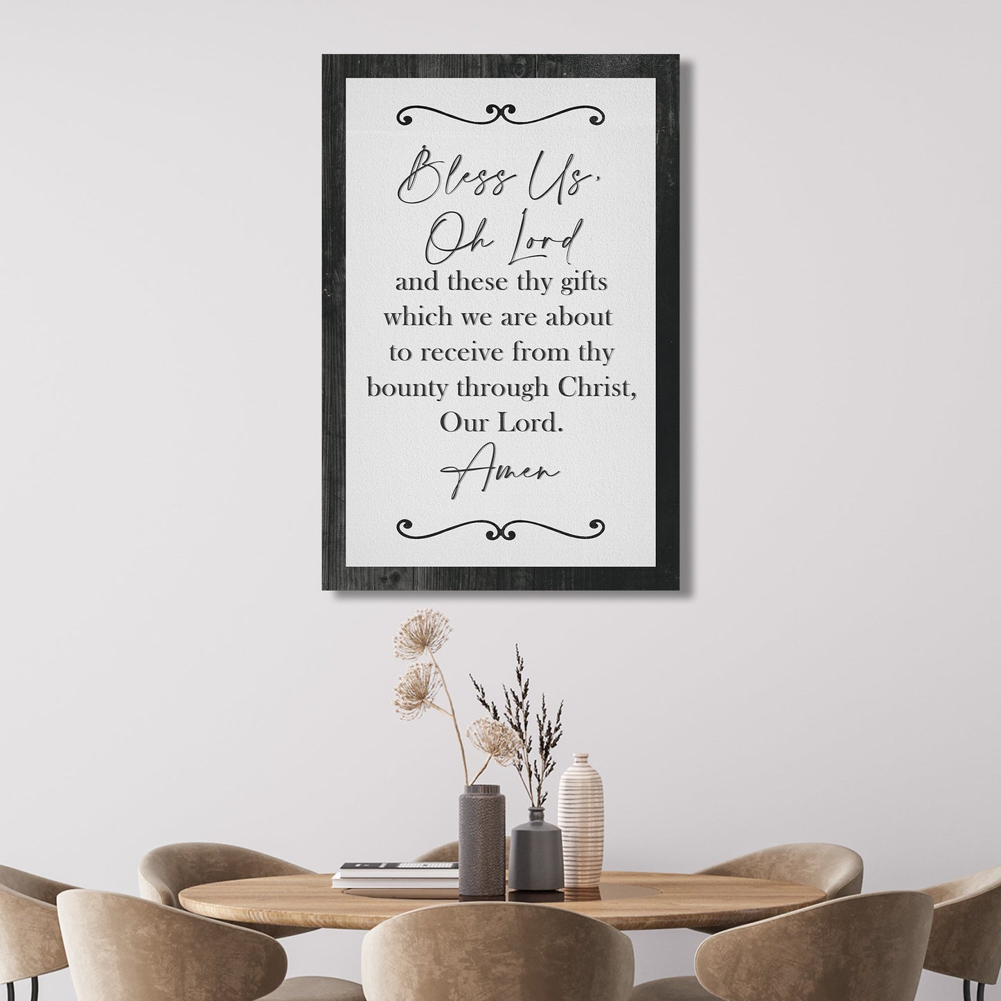 Canvas sign Bless Us Oh Lord And These Thy Gifts Sign VI, white textured panel with black frame on Tampa Home & Garden Store