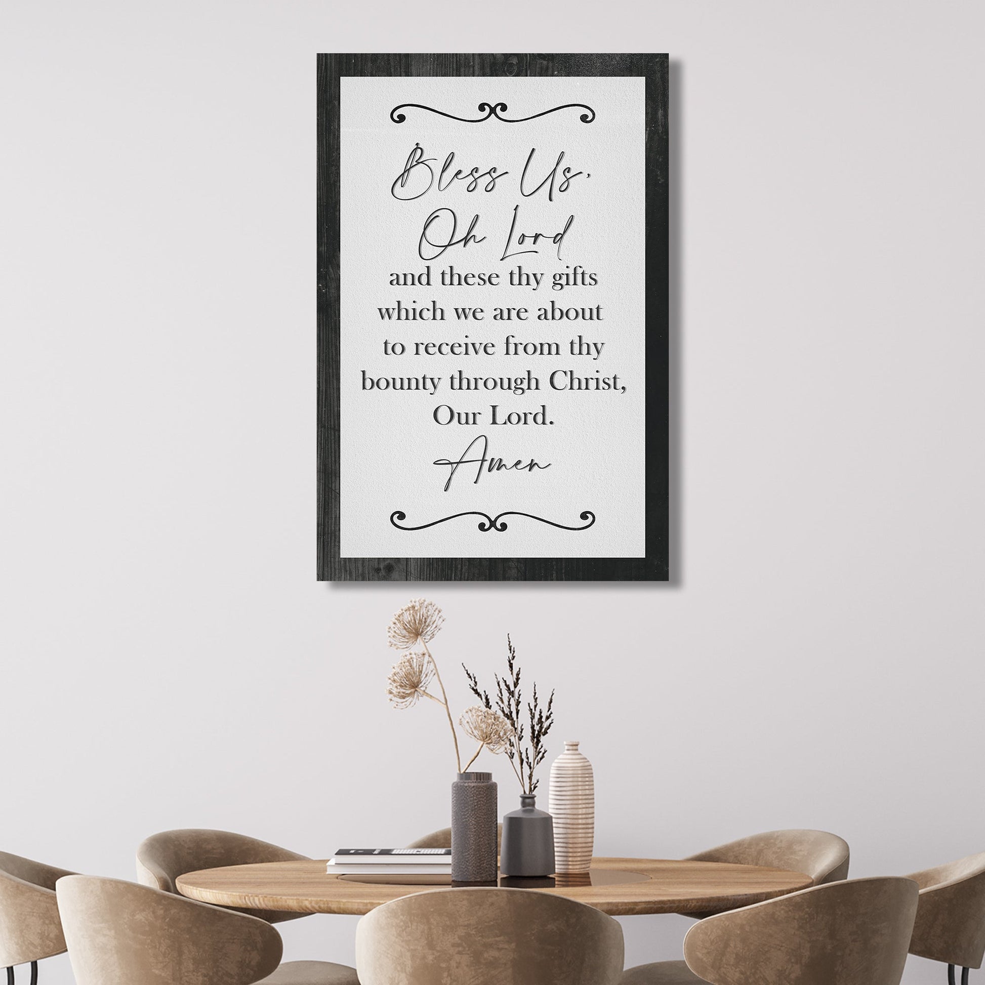 Canvas sign Bless Us Oh Lord And These Thy Gifts Sign VI, white textured panel with black frame on Tampa Home & Garden Store
