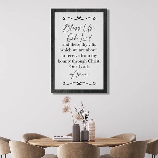 Canvas sign Bless Us Oh Lord And These Thy Gifts Sign VI, white textured panel with black frame on Tampa Home & Garden Store