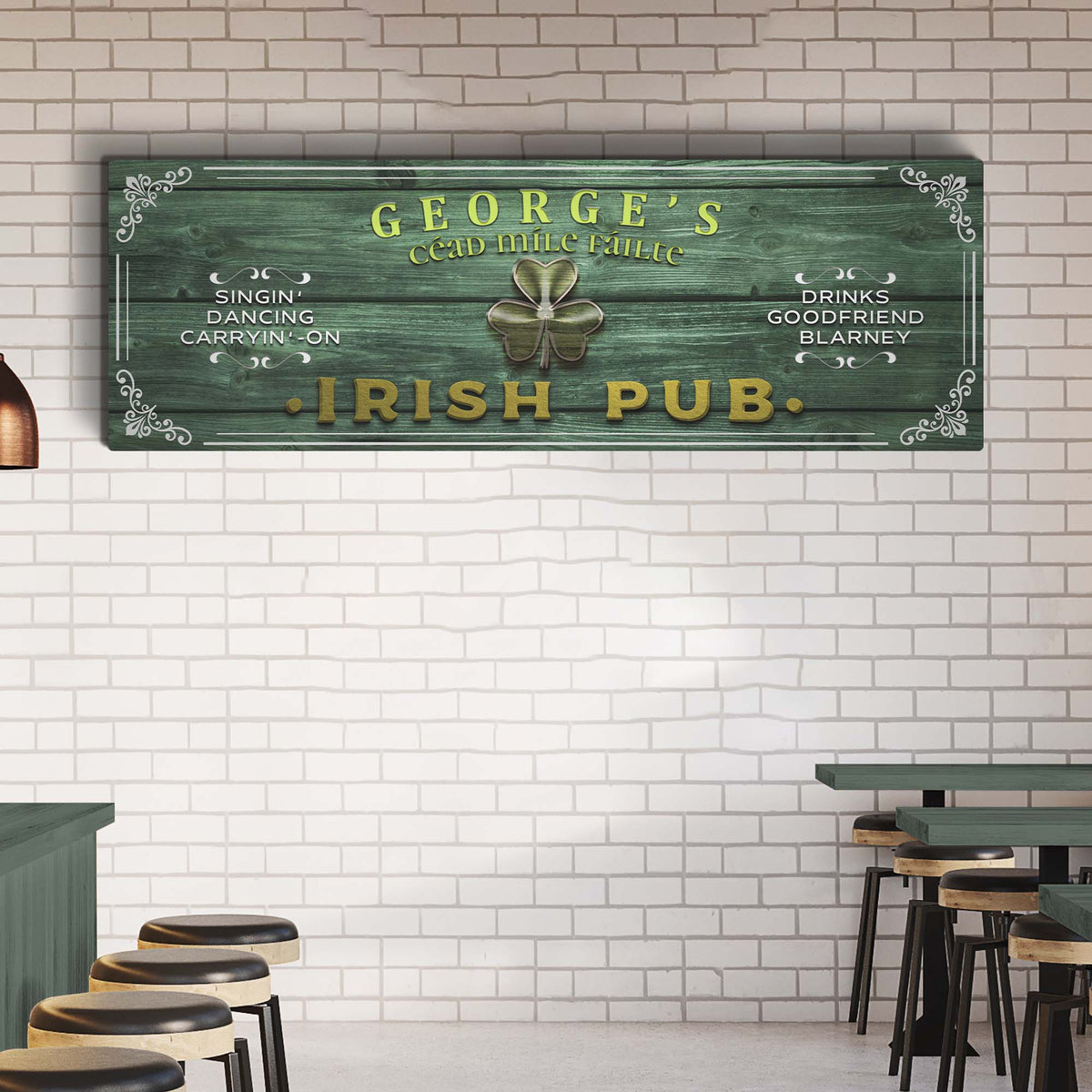 Irish Pub Sign canvas by Tailored Canvases, green wood plank design with shamrock accent on Tampa Home & Garden Store