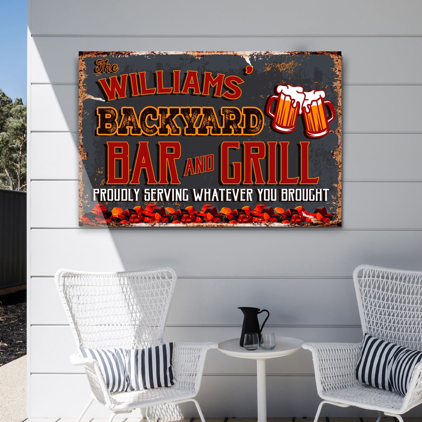 Backyard Bar And Grill Sign VII canvas by Tailored Canvases with gray background on Tampa Home & Garden Store