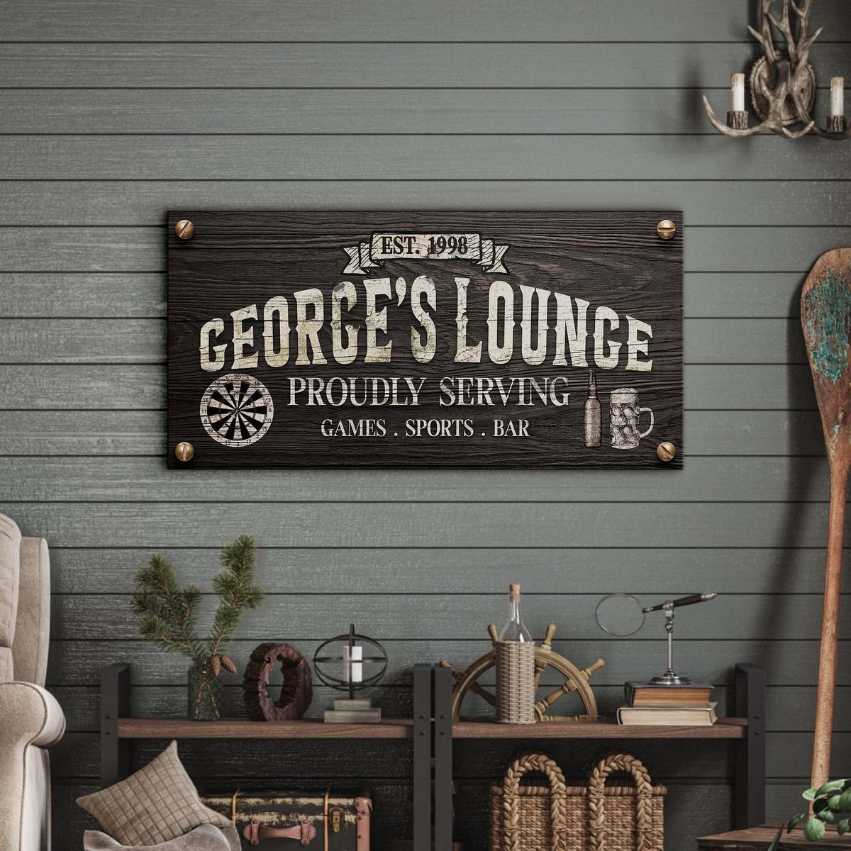 Proudly Serving Lounge Sign canvas with dark rustic wood plaque and vintage typography on Tampa Home & Garden Store