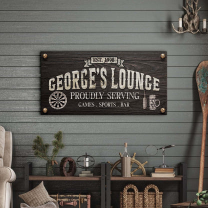 Proudly Serving Lounge Sign canvas with dark rustic wood plaque and vintage typography on Tampa Home & Garden Store