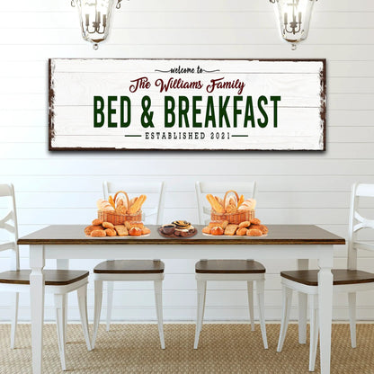 Welcome Bed And Breakfast Sign canvas; white distressed wood with green BED & BREAKFAST on Tampa Home & Garden Store